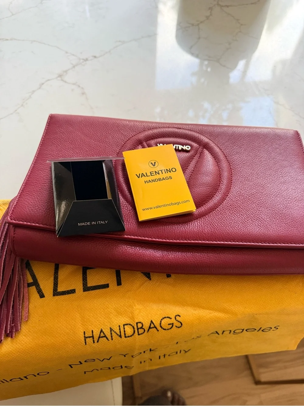 Valentino Burgundy Leather Wristlet Clutch with Tassel